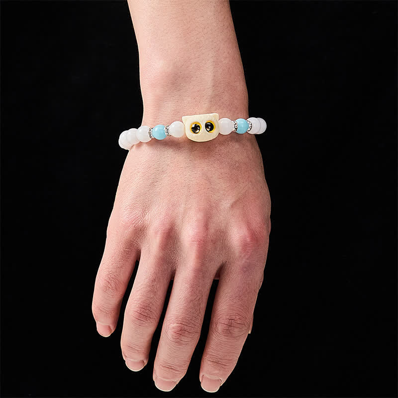 Buddha Stones Bracciale con perline di purezza a forma di testa di gatto con occhi grandi, in ossidiana nera e calcedonio bianco - image 5