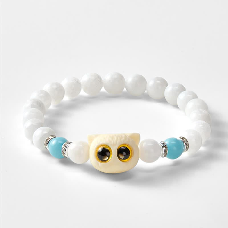 Buddha Stones Bracciale con perline di purezza a forma di testa di gatto con occhi grandi, in ossidiana nera e calcedonio bianco - image 10