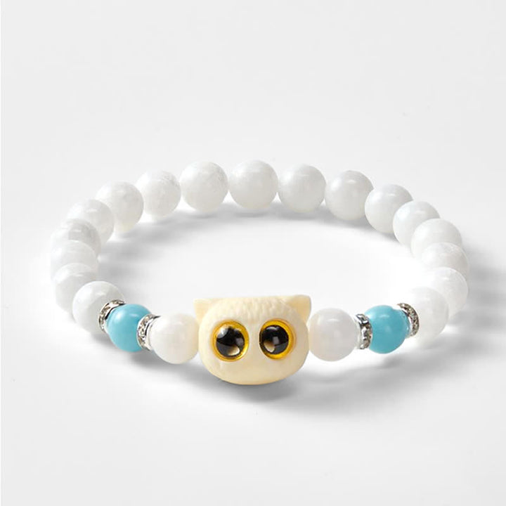 Buddha Stones Bracciale con perline di purezza a forma di testa di gatto con occhi grandi, in ossidiana nera e calcedonio bianco - image 10