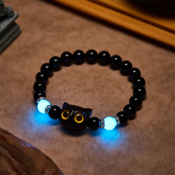Buddha Stones Bracciale con perline di purezza a forma di testa di gatto con occhi grandi, in ossidiana nera e calcedonio bianco - image 18