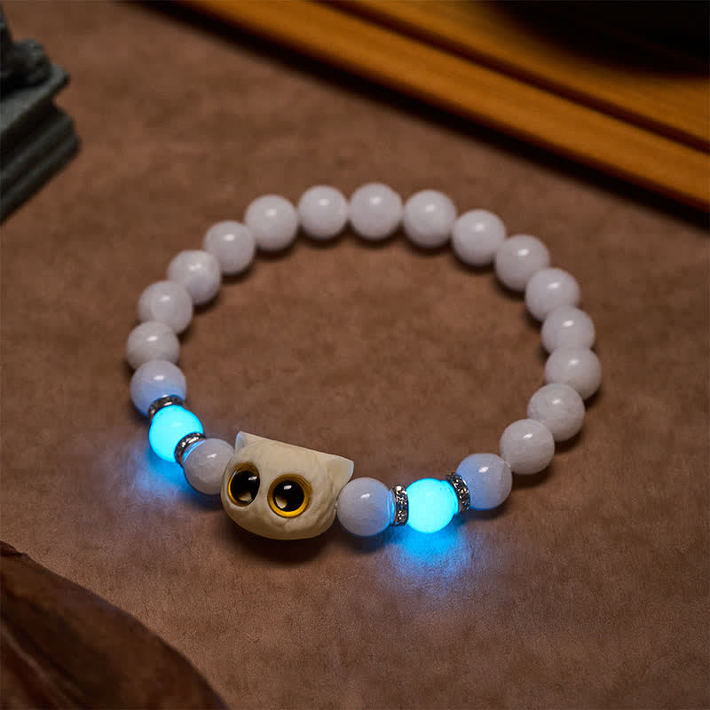 Buddha Stones Bracciale con perline di purezza a forma di testa di gatto con occhi grandi, in ossidiana nera e calcedonio bianco - image 7