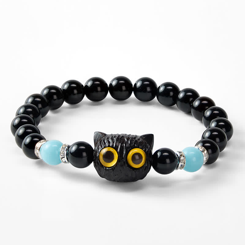 Buddha Stones Bracciale con perline di purezza a forma di testa di gatto con occhi grandi, in ossidiana nera e calcedonio bianco - image 23