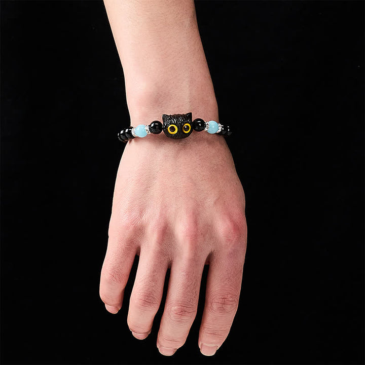 Buddha Stones Bracciale con perline di purezza a forma di testa di gatto con occhi grandi, in ossidiana nera e calcedonio bianco - image 19