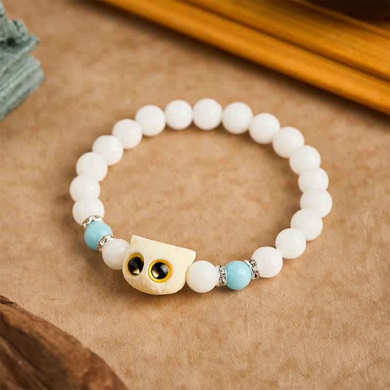 Buddha Stones Bracciale con perline di purezza a forma di testa di gatto con occhi grandi, in ossidiana nera e calcedonio bianco - image 2