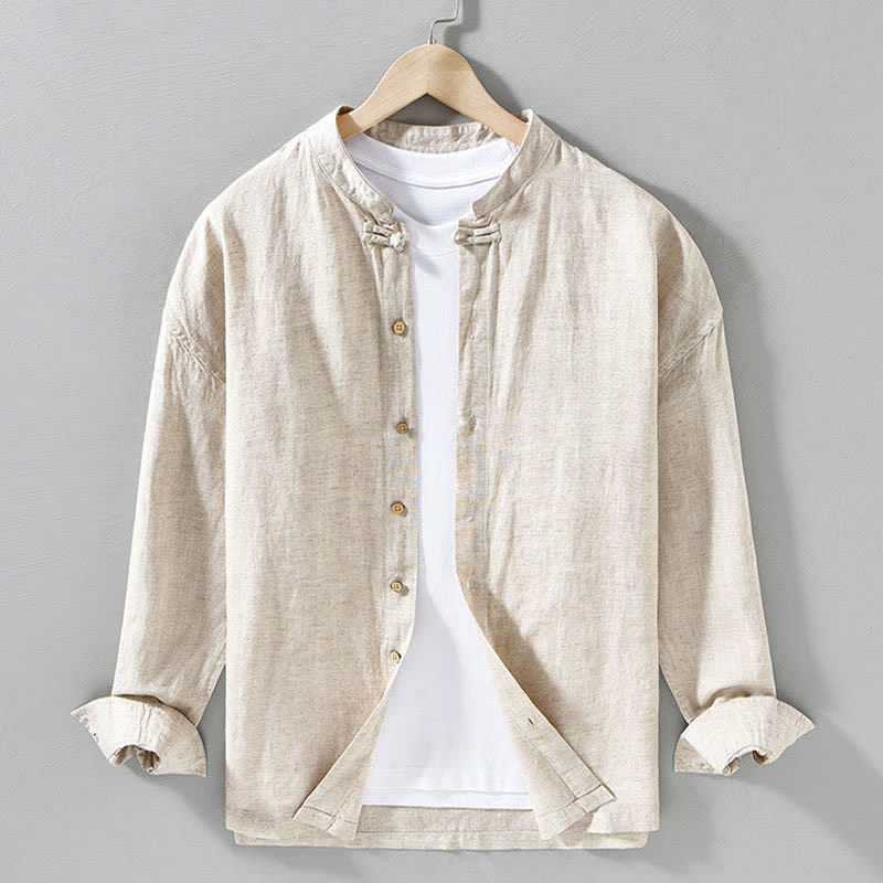 Buddha Stones Camicia da uomo a maniche lunghe, stile Tang, tinta unita, per l'autunno, casual, con colletto alla coreana. - Beige - US/UK/AU42, EU52 (3XL) - image 8