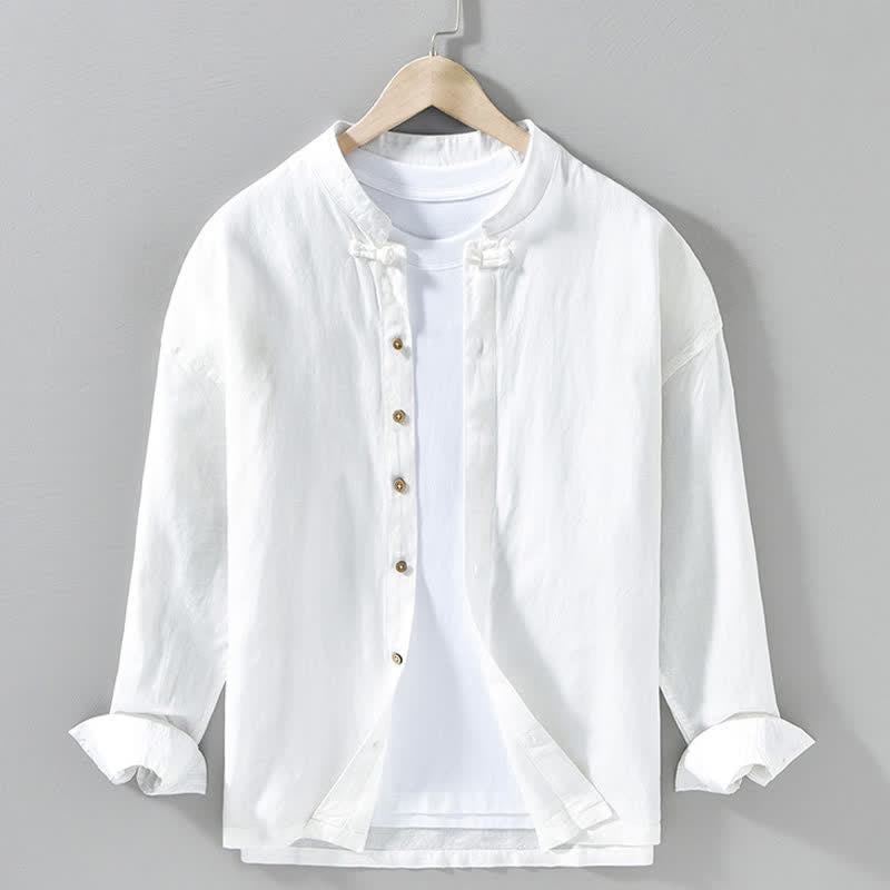 Buddha Stones Camicia da uomo a maniche lunghe, stile Tang, tinta unita, per l'autunno, casual, con colletto alla coreana. - Bianco - US/UK/AU42, EU52 (3XL) - image 16