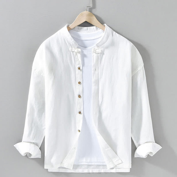 Buddha Stones Camicia da uomo a maniche lunghe, stile Tang, tinta unita, per l'autunno, casual, con colletto alla coreana. - Bianco - US/UK/AU42, EU52 (3XL) - image 16