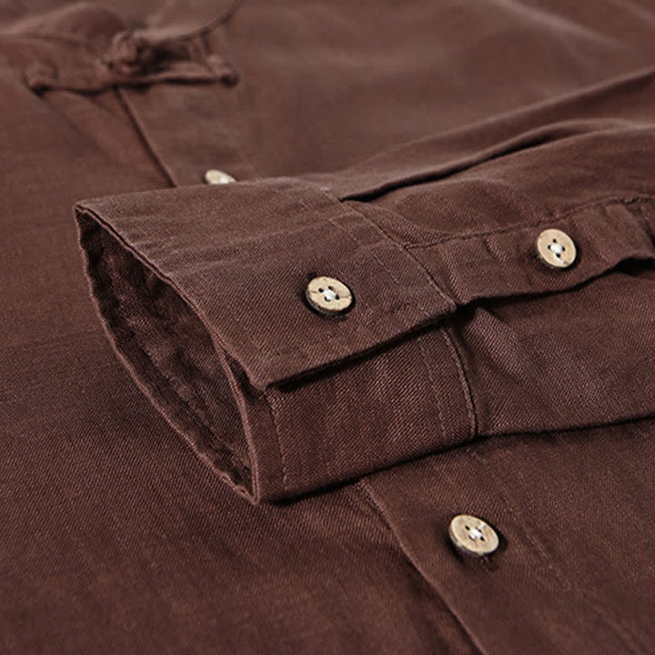 Buddha Stones Camicia da uomo a maniche lunghe, stile Tang, tinta unita, per l'autunno, casual, con colletto alla coreana. - image 4