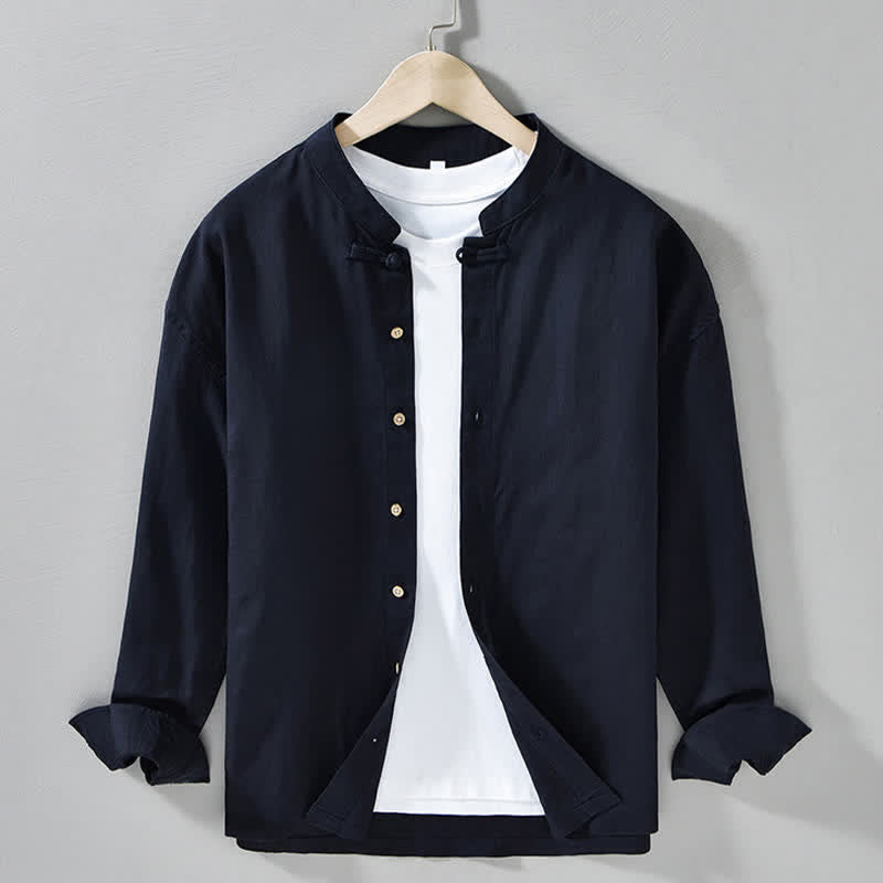 Buddha Stones Camicia da uomo a maniche lunghe, stile Tang, tinta unita, per l'autunno, casual, con colletto alla coreana. - Blu notte - US/UK/AU42, EU52 (3XL) - image 5