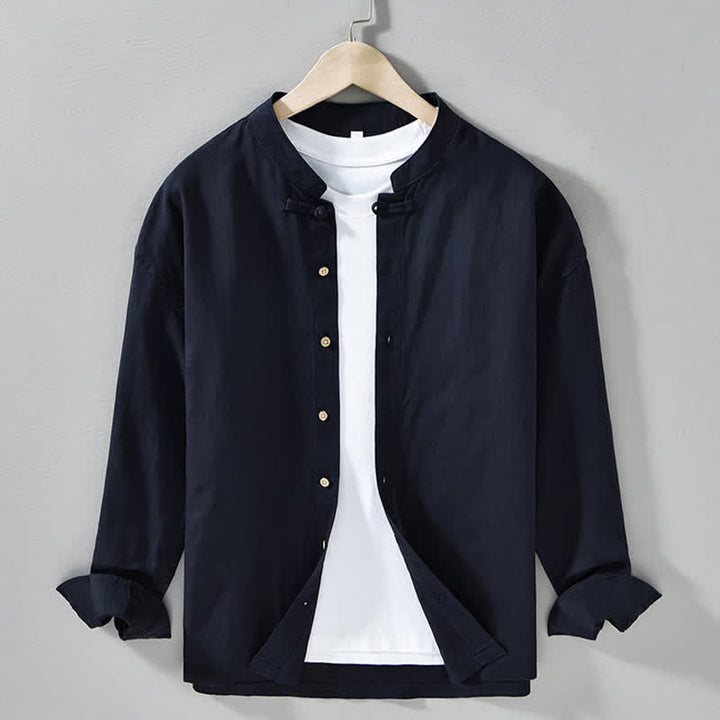 Buddha Stones Camicia da uomo a maniche lunghe, stile Tang, tinta unita, per l'autunno, casual, con colletto alla coreana. - Blu notte - US/UK/AU42, EU52 (3XL) - image 5