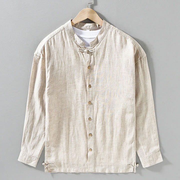 Buddha Stones Camicia da uomo a maniche lunghe, stile Tang, tinta unita, per l'autunno, casual, con colletto alla coreana. - image 9