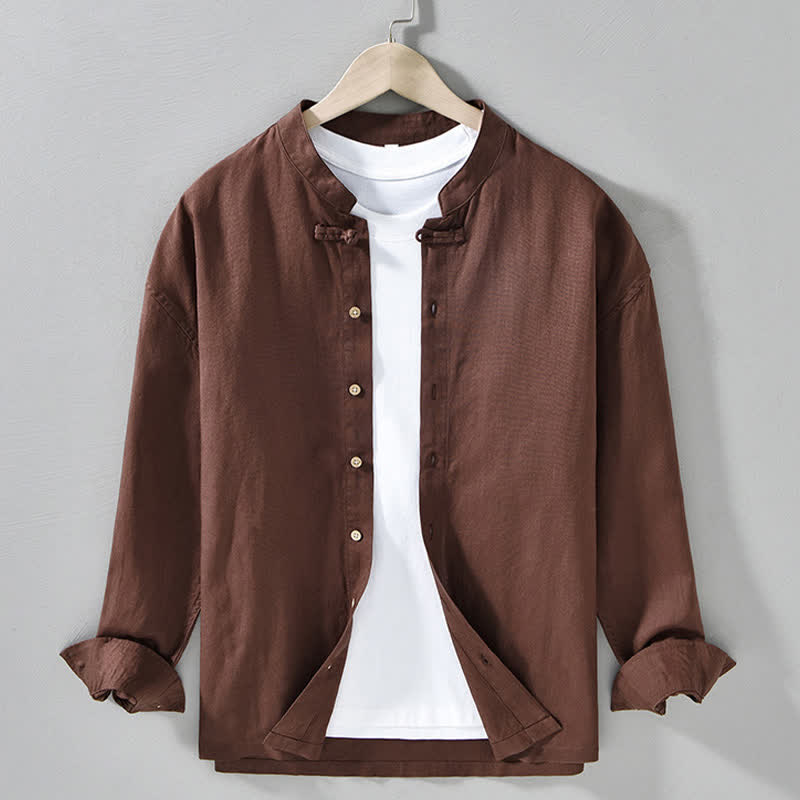 Buddha Stones Camicia da uomo a maniche lunghe, stile Tang, tinta unita, per l'autunno, casual, con colletto alla coreana. - Marrone sella - US/UK/AU42, EU52 (3XL) - image 0