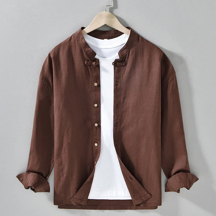 Buddha Stones Camicia da uomo a maniche lunghe, stile Tang, tinta unita, per l'autunno, casual, con colletto alla coreana. - Marrone sella - US/UK/AU42, EU52 (3XL) - image 0