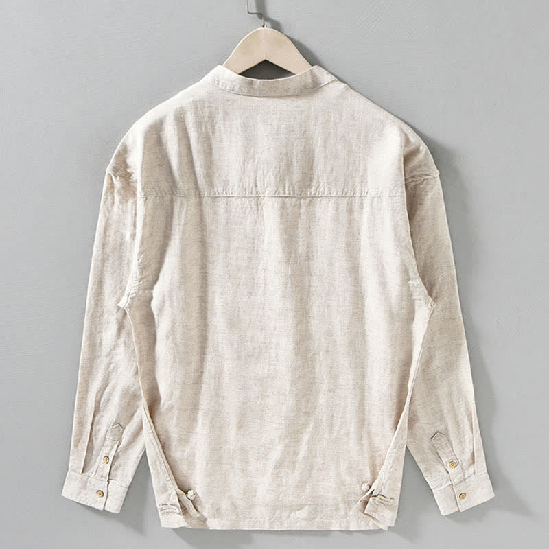 Buddha Stones Camicia da uomo a maniche lunghe, stile Tang, tinta unita, per l'autunno, casual, con colletto alla coreana. - image 10