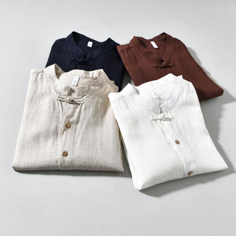 Buddha Stones Camicia da uomo a maniche lunghe, stile Tang, tinta unita, per l'autunno, casual, con colletto alla coreana. - image 20