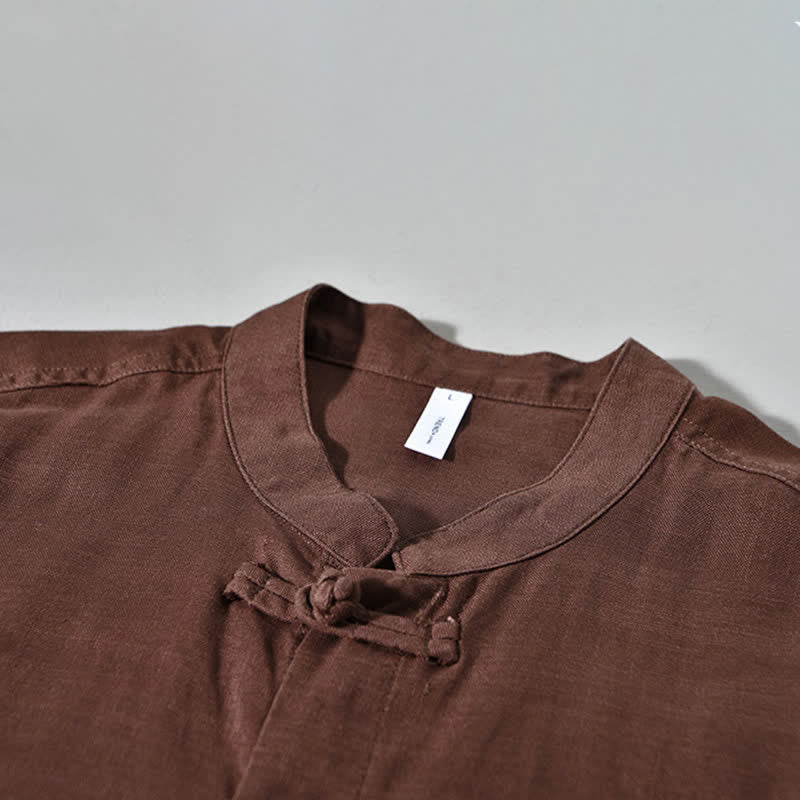 Buddha Stones Camicia da uomo a maniche lunghe, stile Tang, tinta unita, per l'autunno, casual, con colletto alla coreana. - image 2