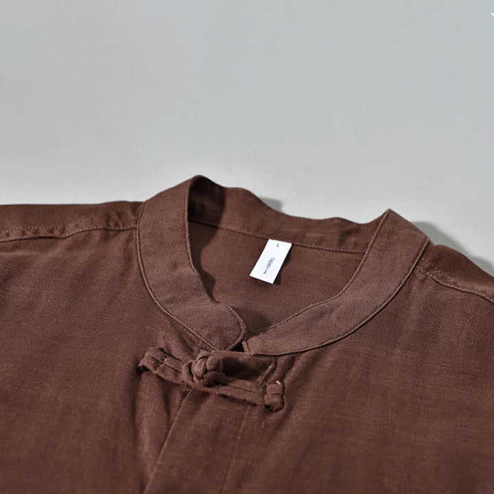 Buddha Stones Camicia da uomo a maniche lunghe, stile Tang, tinta unita, per l'autunno, casual, con colletto alla coreana. - image 2