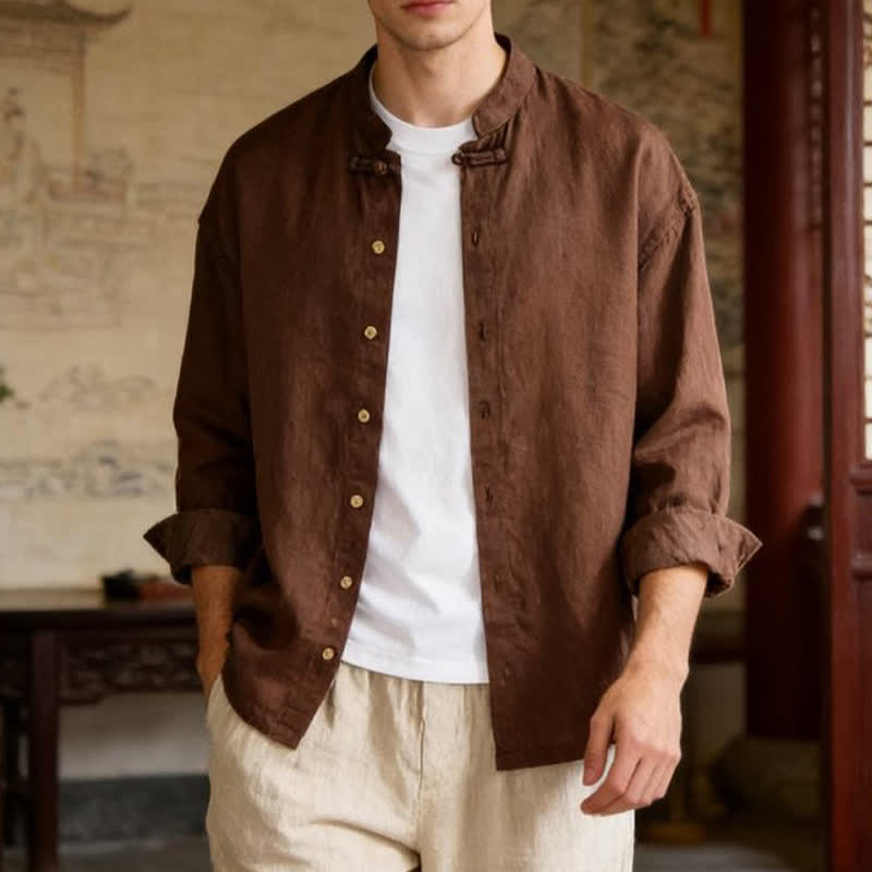 Buddha Stones Camicia da uomo a maniche lunghe, stile Tang, tinta unita, per l'autunno, casual, con colletto alla coreana. - image 1