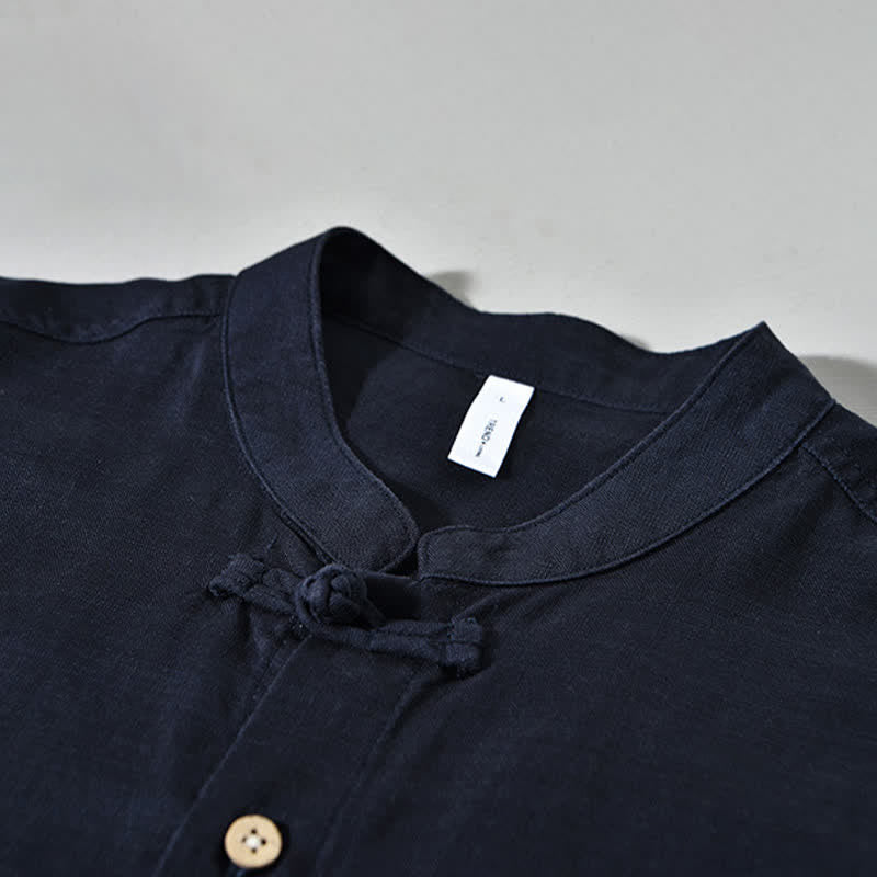 Buddha Stones Camicia da uomo a maniche lunghe, stile Tang, tinta unita, per l'autunno, casual, con colletto alla coreana. - image 6