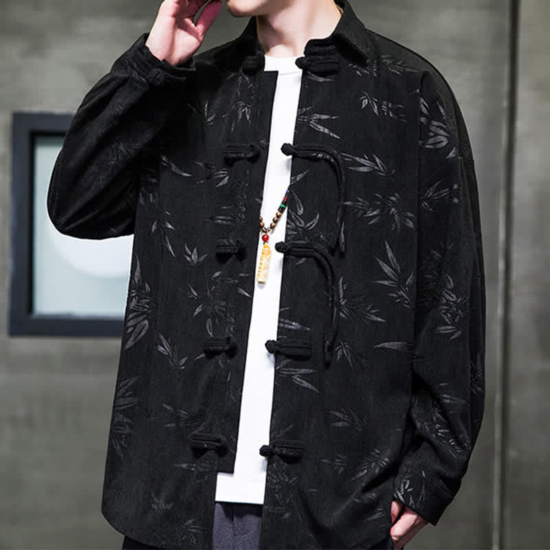 Buddha Stones Camicie da uomo a maniche lunghe in velluto a coste con bottoni a rana, stampa bambù, stile Tang, autunno/inverno. - image 24