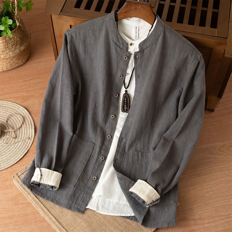 Buddha Stones Camicia da uomo a maniche lunghe in lino tinta unita, stile Tang, con colletto alla coreana e tasche, ideale per l'autunno. - Grigio tenue - US/UK/AU44, EU54 (4XL) - image 11