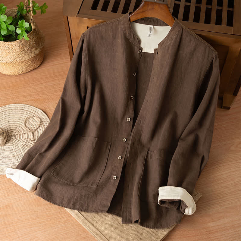 Buddha Stones Camicia da uomo a maniche lunghe in lino tinta unita, stile Tang, con colletto alla coreana e tasche, ideale per l'autunno. - Marrone sella - US/UK/AU44, EU54 (4XL) - image 0