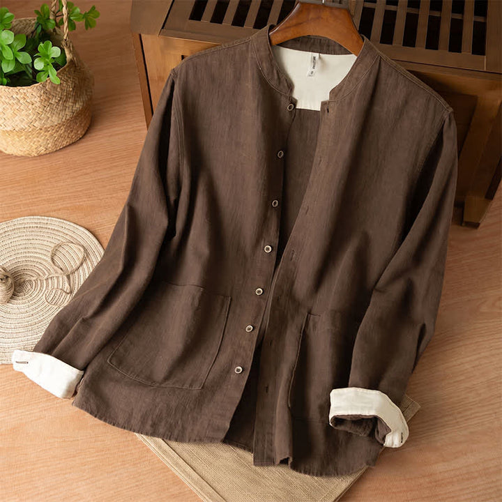 Buddha Stones Camicia da uomo a maniche lunghe in lino tinta unita, stile Tang, con colletto alla coreana e tasche, ideale per l'autunno. - Marrone sella - US/UK/AU44, EU54 (4XL) - image 0