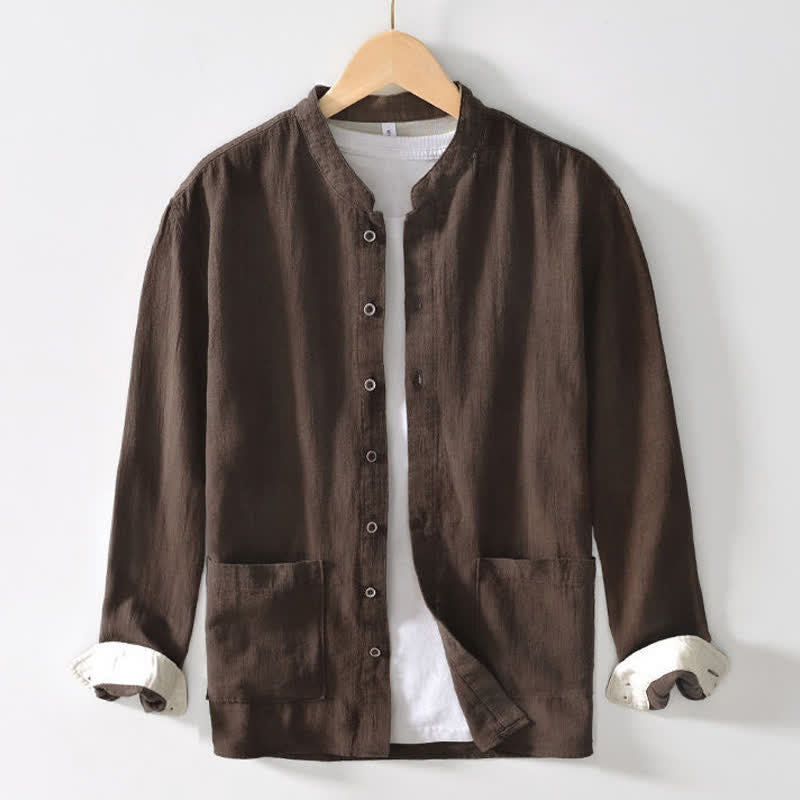 Buddha Stones Camicia da uomo a maniche lunghe in lino tinta unita, stile Tang, con colletto alla coreana e tasche, ideale per l'autunno. - image 1