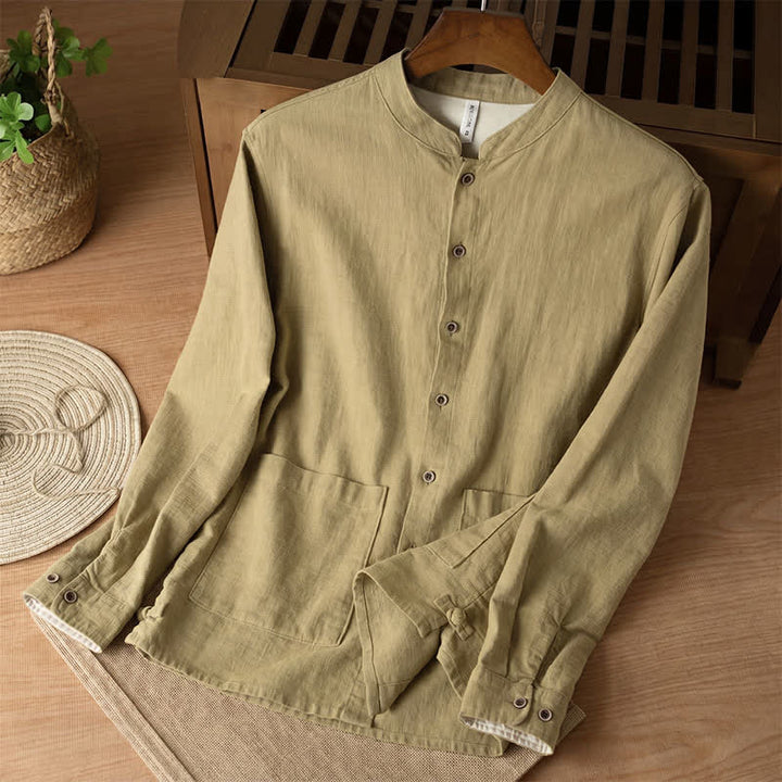 Buddha Stones Camicia da uomo a maniche lunghe in lino tinta unita, stile Tang, con colletto alla coreana e tasche, ideale per l'autunno. - Cachi scuro - US/UK/AU44, EU54 (4XL) - image 19