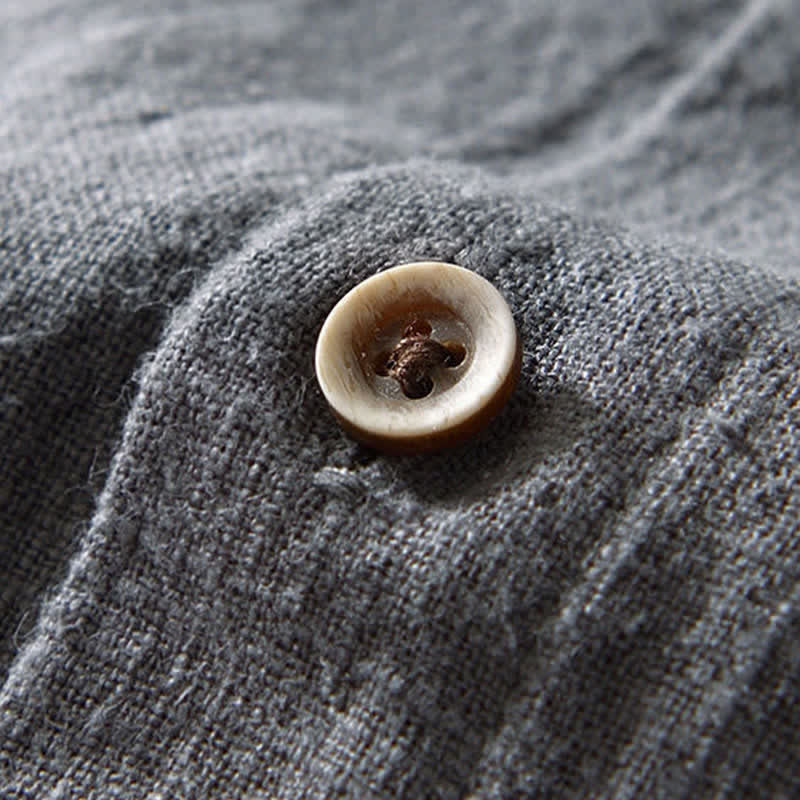 Buddha Stones Camicia da uomo a maniche lunghe in lino tinta unita, stile Tang, con colletto alla coreana e tasche, ideale per l'autunno. - image 15