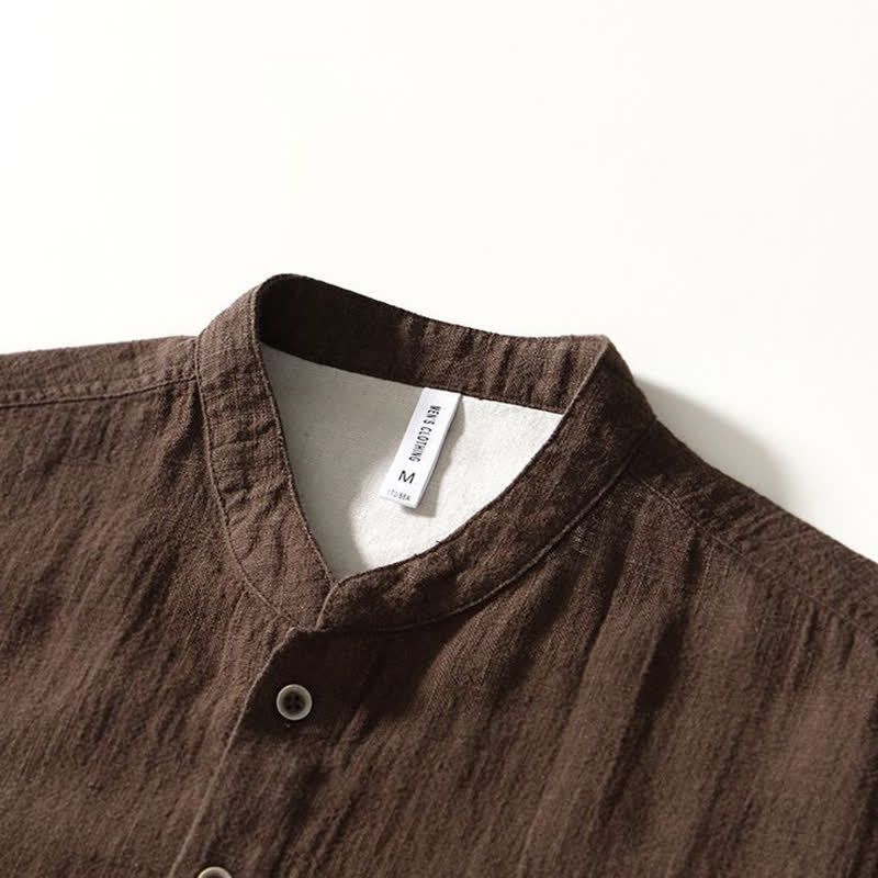 Buddha Stones Camicia da uomo a maniche lunghe in lino tinta unita, stile Tang, con colletto alla coreana e tasche, ideale per l'autunno. - image 3