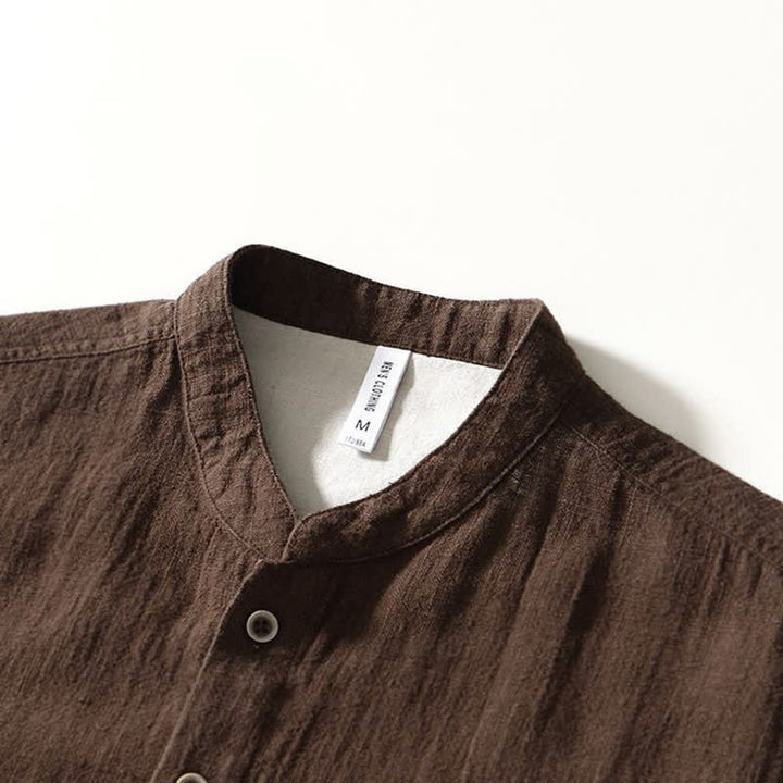 Buddha Stones Camicia da uomo a maniche lunghe in lino tinta unita, stile Tang, con colletto alla coreana e tasche, ideale per l'autunno. - image 3