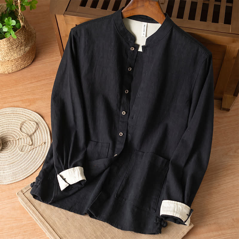 Buddha Stones Camicia da uomo a maniche lunghe in lino tinta unita, stile Tang, con colletto alla coreana e tasche, ideale per l'autunno. - Nero - US/UK/AU44, EU54 (4XL) - image 7