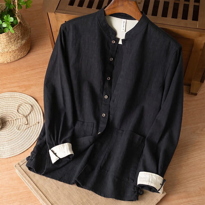 Buddha Stones Camicia da uomo a maniche lunghe in lino tinta unita, stile Tang, con colletto alla coreana e tasche, ideale per l'autunno. - Nero - US/UK/AU44, EU54 (4XL) - image 7