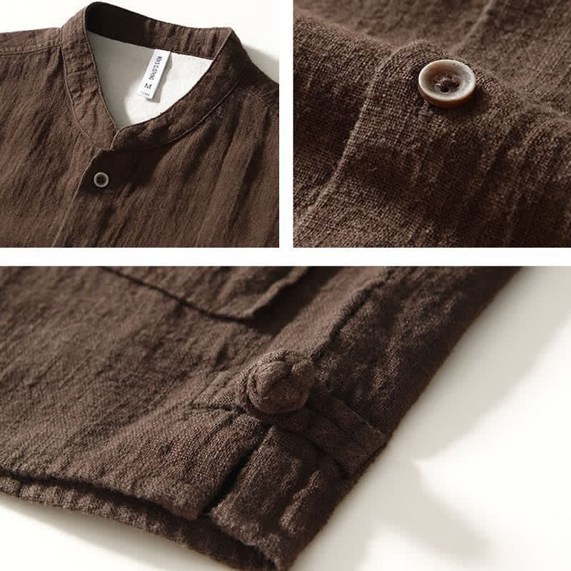 Buddha Stones Camicia da uomo a maniche lunghe in lino tinta unita, stile Tang, con colletto alla coreana e tasche, ideale per l'autunno. - image 2