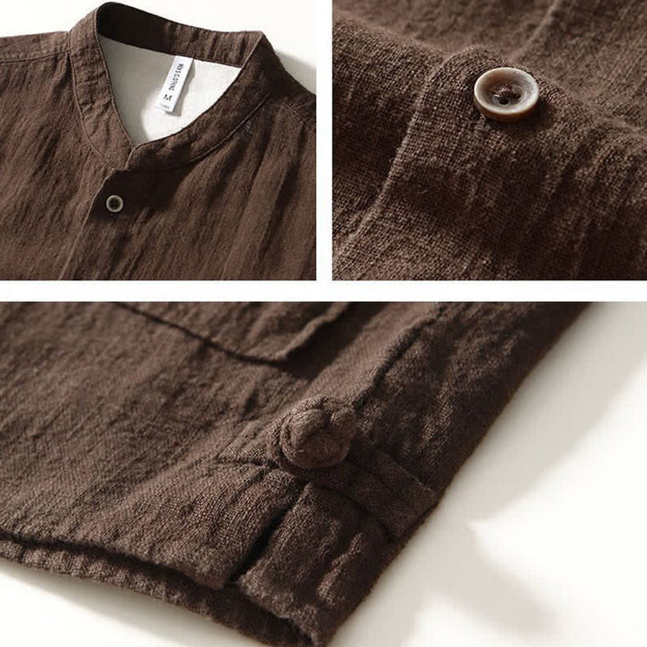 Buddha Stones Camicia da uomo a maniche lunghe in lino tinta unita, stile Tang, con colletto alla coreana e tasche, ideale per l'autunno. - image 2