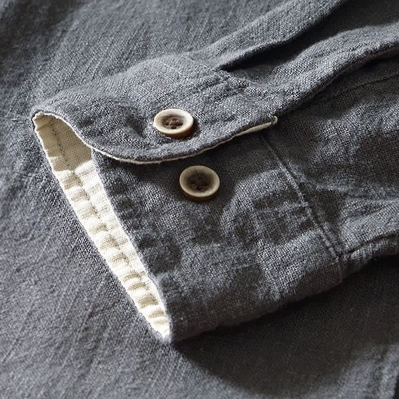 Buddha Stones Camicia da uomo a maniche lunghe in lino tinta unita, stile Tang, con colletto alla coreana e tasche, ideale per l'autunno. - image 18