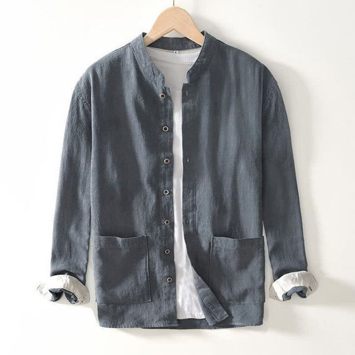 Buddha Stones Camicia da uomo a maniche lunghe in lino tinta unita, stile Tang, con colletto alla coreana e tasche, ideale per l'autunno. - image 12