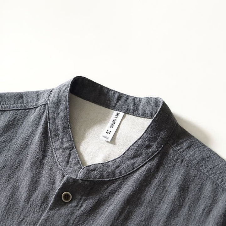 Buddha Stones Camicia da uomo a maniche lunghe in lino tinta unita, stile Tang, con colletto alla coreana e tasche, ideale per l'autunno. - image 13