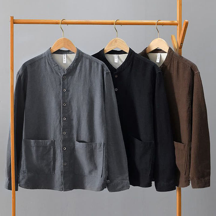 Buddha Stones Camicia da uomo a maniche lunghe in lino tinta unita, stile Tang, con colletto alla coreana e tasche, ideale per l'autunno. - image 20