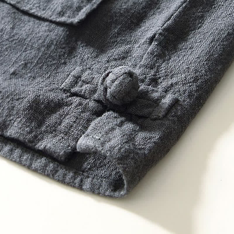 Buddha Stones Camicia da uomo a maniche lunghe in lino tinta unita, stile Tang, con colletto alla coreana e tasche, ideale per l'autunno. - image 17