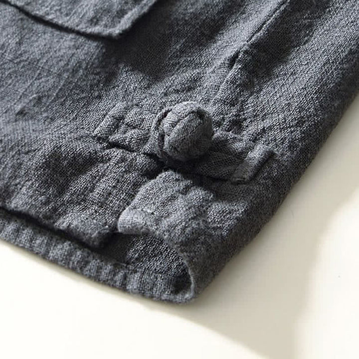 Buddha Stones Camicia da uomo a maniche lunghe in lino tinta unita, stile Tang, con colletto alla coreana e tasche, ideale per l'autunno. - image 17