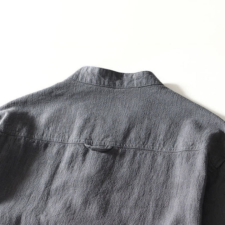 Buddha Stones Camicia da uomo a maniche lunghe in lino tinta unita, stile Tang, con colletto alla coreana e tasche, ideale per l'autunno. - image 14