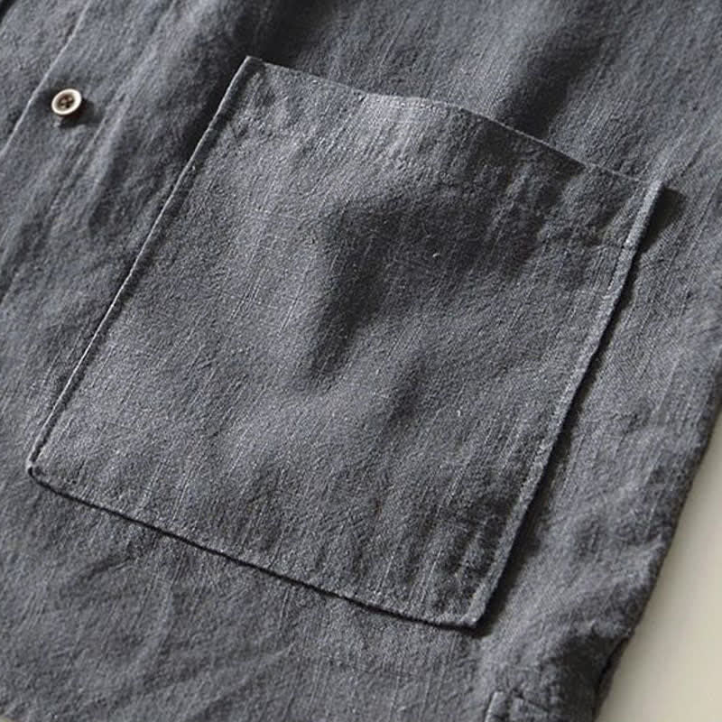 Buddha Stones Camicia da uomo a maniche lunghe in lino tinta unita, stile Tang, con colletto alla coreana e tasche, ideale per l'autunno. - image 16