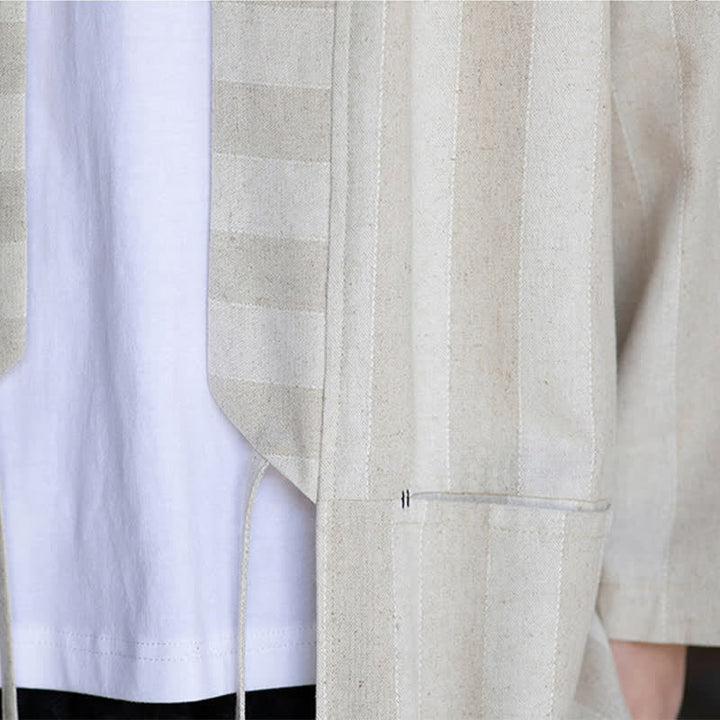 Buddha Stones Kimono da uomo primaverile/estivo, casual, stile Tang, con coulisse, in cotone e lino tinta unita, maniche a tre quarti e tasca. - image 8