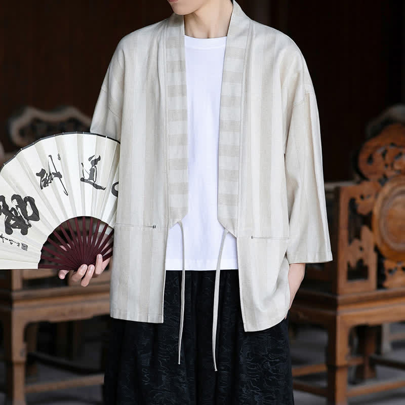 Buddha Stones Kimono da uomo primaverile/estivo, casual, stile Tang, con coulisse, in cotone e lino tinta unita, maniche a tre quarti e tasca. - image 5