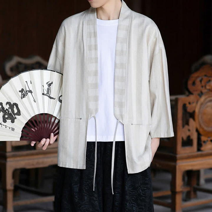 Buddha Stones Kimono da uomo primaverile/estivo, casual, stile Tang, con coulisse, in cotone e lino tinta unita, maniche a tre quarti e tasca. - image 5