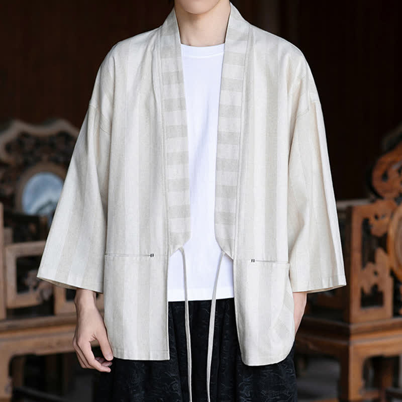 Buddha Stones Kimono da uomo primaverile/estivo, casual, stile Tang, con coulisse, in cotone e lino tinta unita, maniche a tre quarti e tasca. - Beige - US/UK/AU46, EU56 (5XL) - image 0