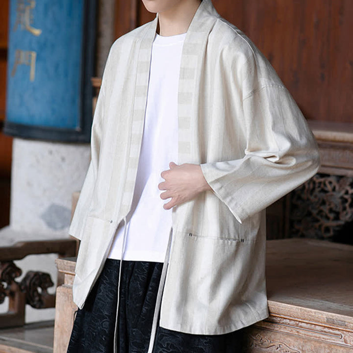 Buddha Stones Kimono da uomo primaverile/estivo, casual, stile Tang, con coulisse, in cotone e lino tinta unita, maniche a tre quarti e tasca. - image 3