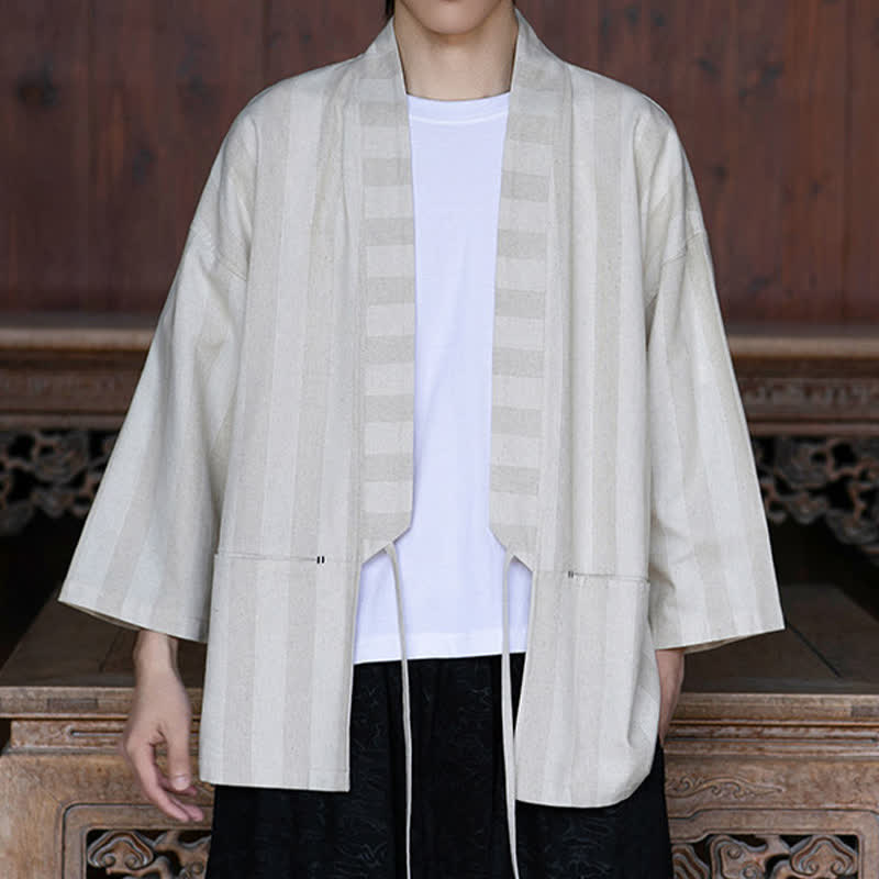 Buddha Stones Kimono da uomo primaverile/estivo, casual, stile Tang, con coulisse, in cotone e lino tinta unita, maniche a tre quarti e tasca. - image 6